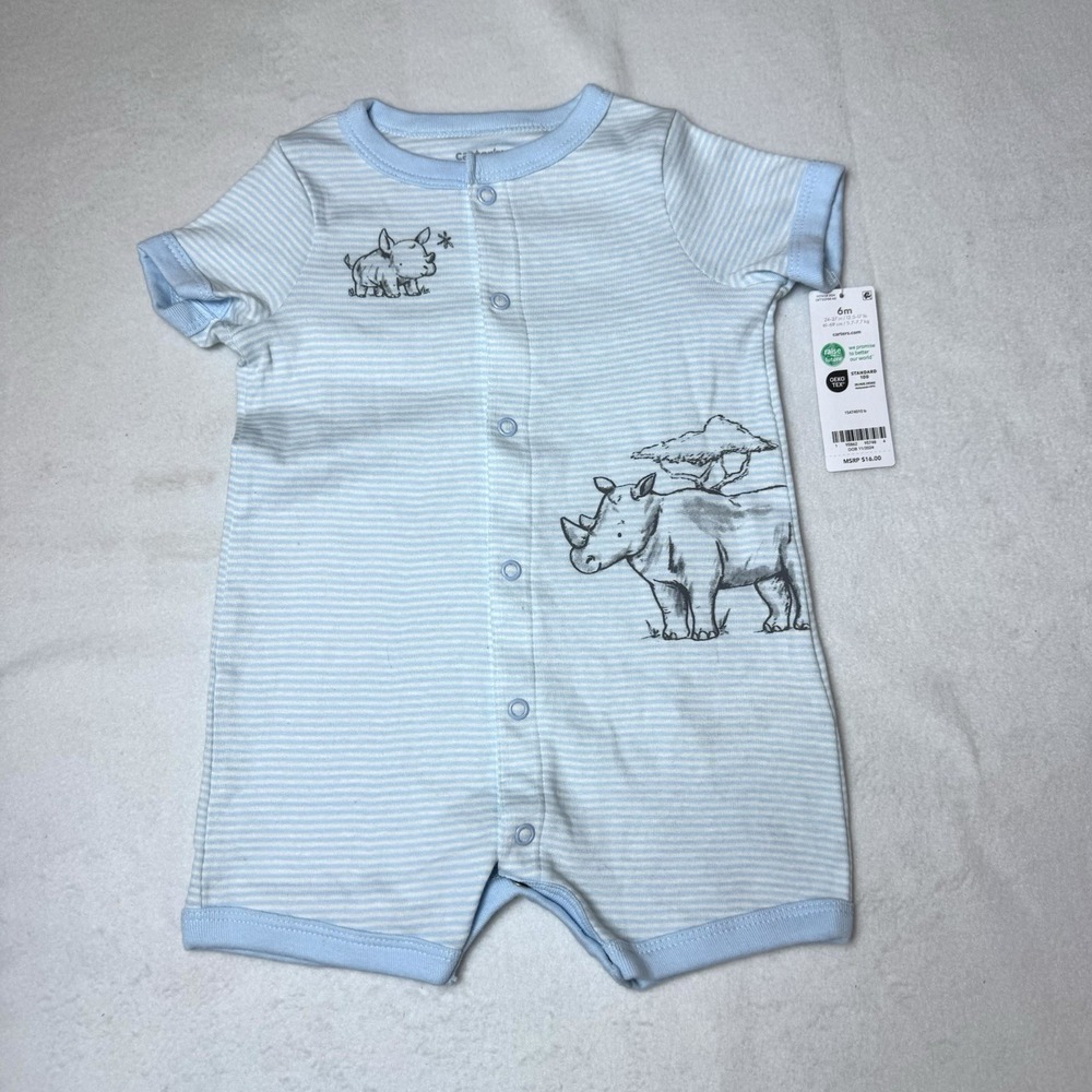 New Carters Rhino Baby Romper 6 Months Blue Striped One Piece Rhinoceros Cotton